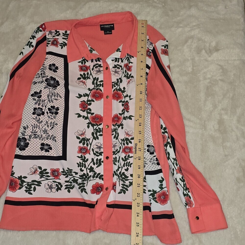 Liz Claiborne Career Floral Button Blouse Women’s Medium Long Sleeve Coral Black - Picture 9 of 10